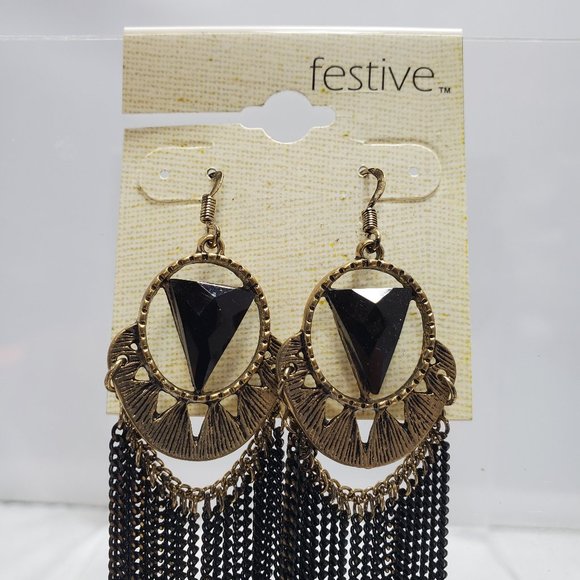 Festive Bohemian fashion black gold tassel fish hook earring - Picture 3 of 6
